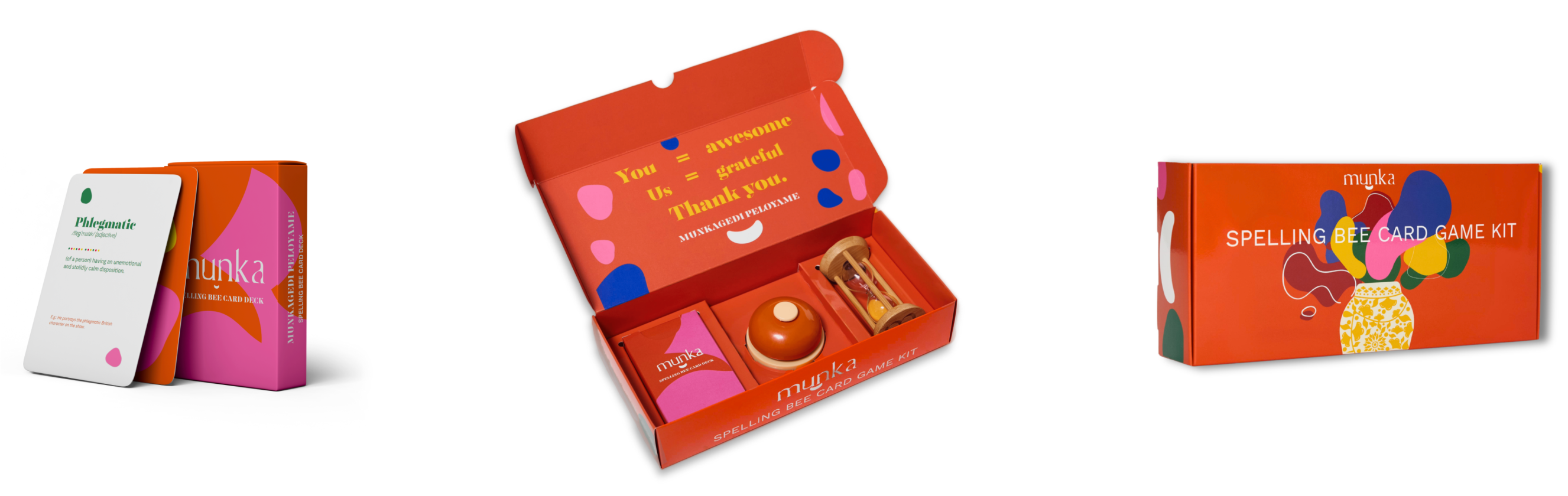 Munka is a spelling bee card game kit designed for families, dinners, and cozy game nights. It's created not only to bring people together but also to challenge and improve your vocabulary while helping you overcome the fear of embarrassment.